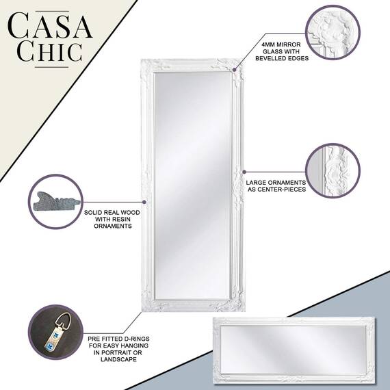 Rococo by Casa Chic - Weißer Shabby Chic Spiegel zum Hinstellen oder Aufhängen - Handgefertigt - Barock - Groß - 130x45 cm - Antik Weiß - Facettenschliff