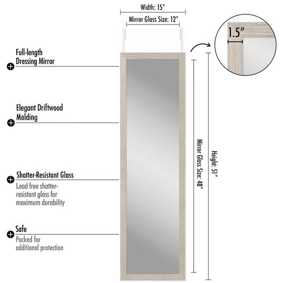 Americanflat 38x130 cm Türspiegel zum Einhängen - Ganzkörperspiegel mit MDF-Rahmen und Metallbügel zum Aufhängen Badezimmer, Schlafzimmer - Großer Spiegel - Treibholz