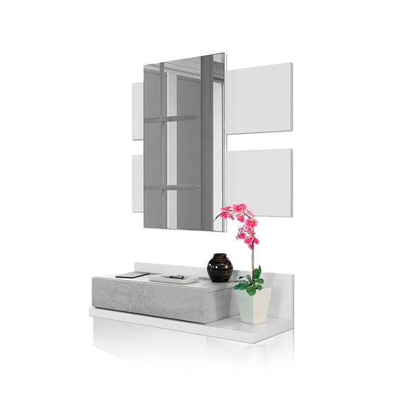 Habitdesign Flur mit Schublade und Spiegel, Eingangsschrank, Modell Tekkan, Ausführung in Artik Weiß und Zement, Maße: 75 cm (Breite) x 116 cm (Höhe) x 29 cm (Tiefe)