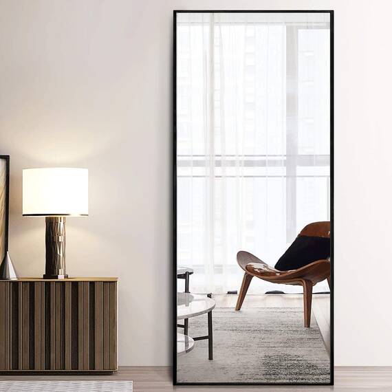 PexFix Ganzkörperspiegel, 150,8 x 50,8 cm, Wandspiegel, modern, rechteckig, Aluminiumlegierung, Rahmen, Bodenspiegel mit stehender Halterung, Schlafzimmer, Wohnzimmer (schwarz)