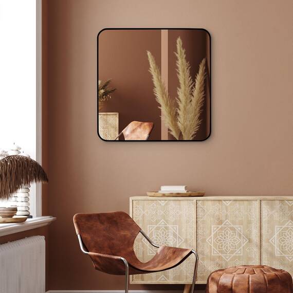 Americanflat 81cm Quadratischer Spiegel mit schwarzem Rahmen & Abgerundeten Ecken - Moderner Wandspiegel Groß für Badezimmer, Schlafzimmer & Wohnzimmer - Quadratischer Wandspiegel zur Wanddekoration