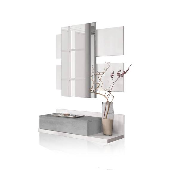 Habitdesign Flur mit Schublade und Spiegel, Eingangsschrank, Modell Tekkan, Ausführung in Artik Weiß und Zement, Maße: 75 cm (Breite) x 116 cm (Höhe) x 29 cm (Tiefe)
