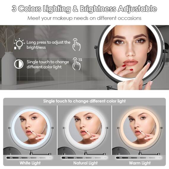Rocollos Make-up-Spiegel, 20,3 cm, 10-fache Vergrößerung, einfache Installation, 4000 mAh, wandmontiert, kabellos, beleuchteter Kosmetikspiegel, platzsparend für Badezimmer, 3 Farben, dimmbarer