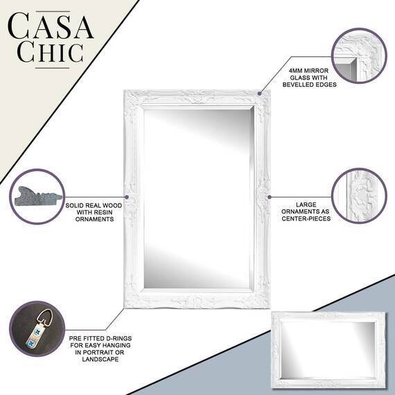 Rococo by Casa Chic - Weißer Shabby Chic Wandspiegel - 90 x 60 cm - Handgefertigter Spiegel - Barock - Groß - Massivholz - Antik Weiss