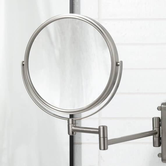 Jerdon Zweiseitiger Make-up-Spiegel zur Wandmontage, Nickel-Finish, 5-fache Vergrößerung, 20,3 cm Durchmesser, ausziehbar 34,3 cm, Modell JP7506N