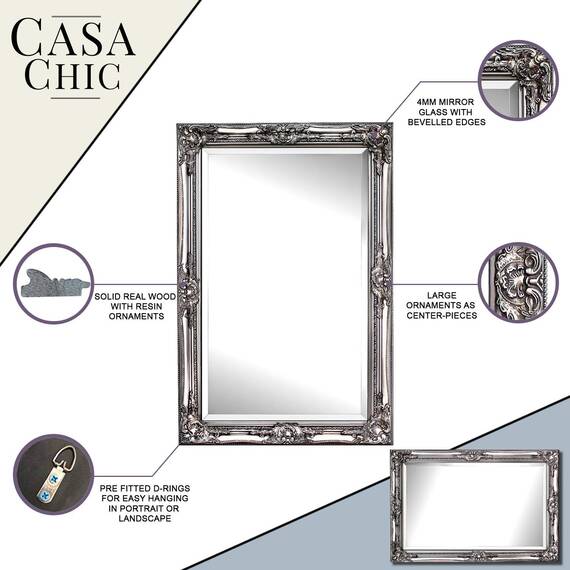 Rococo by Casa Chic - Silberner Shabby Chic Wandspiegel - 90 x 60 cm - Handgefertigter Spiegel - Barock - Groß - Massivholz - Antik Silber