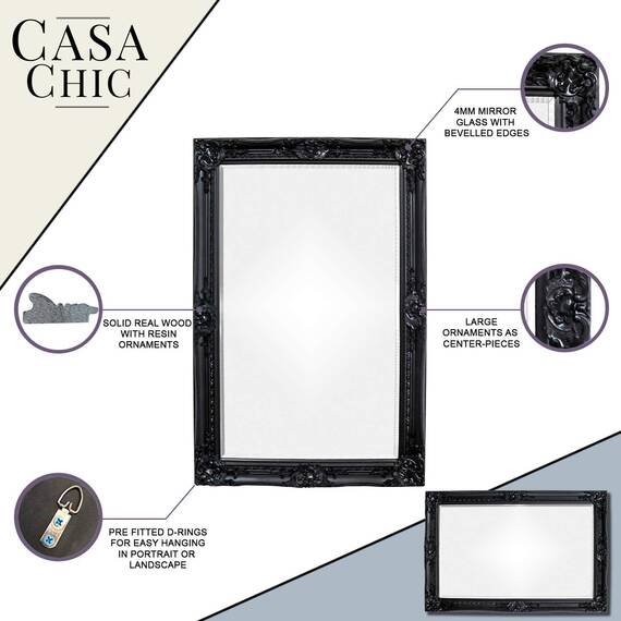 Rococo by Casa Chic - Schwarzer Shabby Chic Wandspiegel - 90 x 60 cm - Handgefertigter Spiegel - Barock - Groß - Massivholz - Antik Schwarz