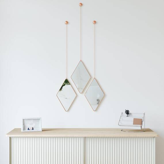 Umbra Dima 3-teiliger Wandspiegel und Wanddekoration, Metall, Kupfer, Rautenförmig