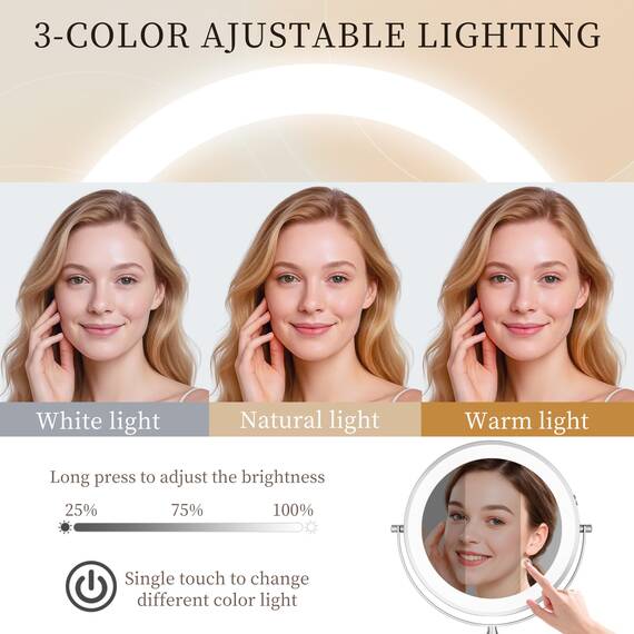 Rocollos Wiederaufladbar Kosmetikspiegel mit LED Beleuchtetung, 1X 10X Spiegel Vergrößerung Wandmontage, Dimmbarer Rasierspiegel 3 Farben, Touchscreen, 360° Drehbar, Schminkspiegel für Badezimmer