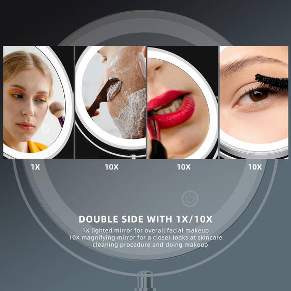 Rocollos Zwei-Finger-Breite schmaler Sockel, wiederaufladbar, beleuchteter Make-up-Spiegel, 3 Farblichter, dimmbarer Touchscreen, 20,3 cm LED, doppelseitig, 1-fach/10-fache Vergrößerung, poliertes