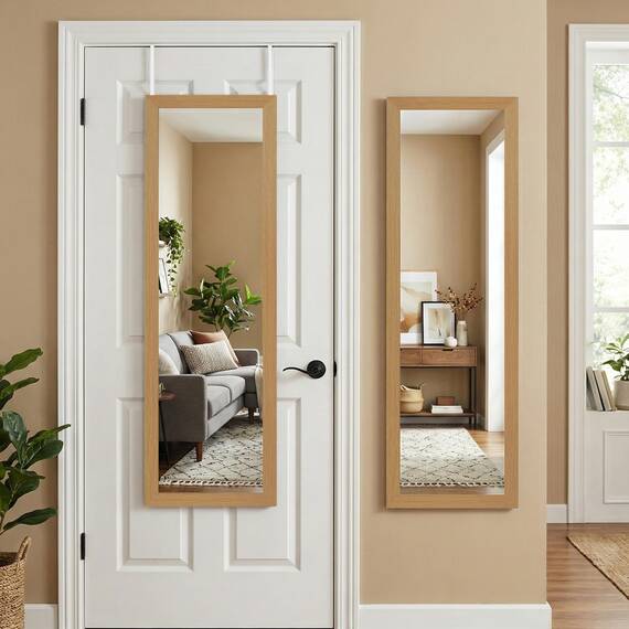 Americanflat 38x130 cm Türspiegel zum Einhängen - Ganzkörperspiegel - Große Spiegelfläche - Bruchsicheres Glas mit Metallbügel zum Aufhängen Badezimmer, Schlafzimmer - MDF-Rahmen Farbe Eiche