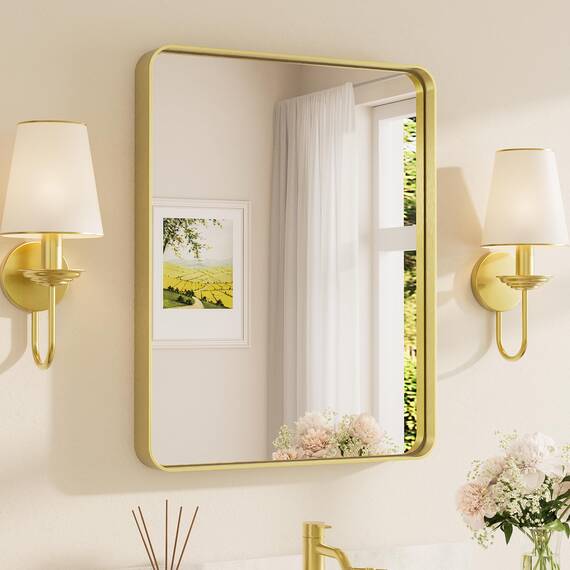 TETOTE Badezimmerspiegel aus gebürstetem Gold, 61 x 76,2 cm, Metallrahmen, gebürstetes Messing, rechteckig, zur Wandmontage, goldener Kosmetikspiegel (horizontal/vertikal)