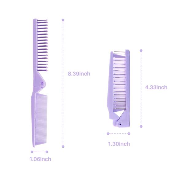 RHOS Mini-Klappkämme für Geldbörse und Reisen, Doppelköpfe, kleine Kämme und Bürsten-Set für Damen, Mädchen, Rosa und Violett, 2 Stück