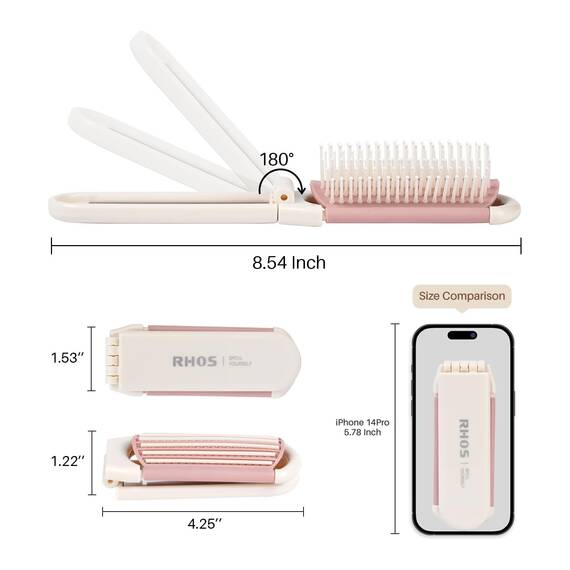 RHOS Faltbürste mit Spiegel für Frauen Mädchen - Mini-Haarbürste für Geldbörse, kleine Taschenbürste mit weichen Nylonborsten und Spiegel für Reisen (Beige)