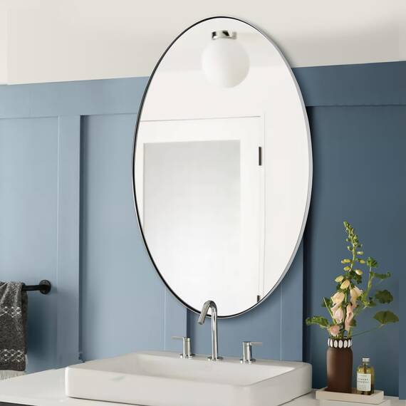 ANDY STAR Wall Mirror for Bathroom, 20x28’’ Chrome Oval Bathroom Mirror, Oval Wall Mirror for Btahroom, Oblong Pill Shaped Chrome Mirror Stainless Steel Frame Wall Mount Horizontal or Vertical