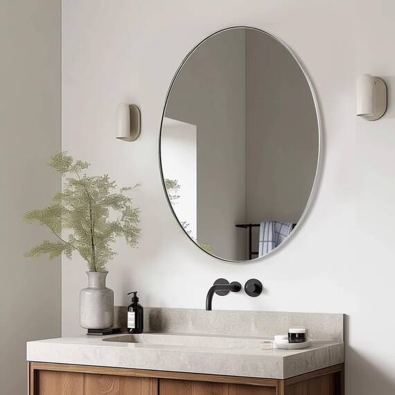 ANDY STAR Wall Mirror for Bathroom, 20x28’’ Chrome Oval Bathroom Mirror, Oval Wall Mirror for Btahroom, Oblong Pill Shaped Chrome Mirror Stainless Steel Frame Wall Mount Horizontal or Vertical