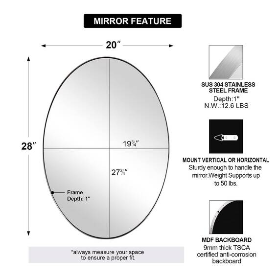 ANDY STAR Wall Mirror for Bathroom, 20x28’’ Chrome Oval Bathroom Mirror, Oval Wall Mirror for Btahroom, Oblong Pill Shaped Chrome Mirror Stainless Steel Frame Wall Mount Horizontal or Vertical
