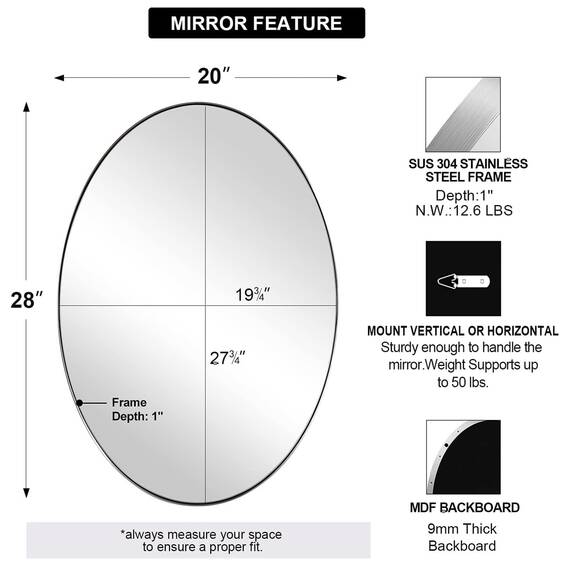 ANDY STAR Wall Mirror for Bathroom, 20x28’’ Chrome Oval Bathroom Mirror, Oval Wall Mirror for Btahroom, Oblong Pill Shaped Chrome Mirror Stainless Steel Frame Wall Mount Horizontal or Vertical