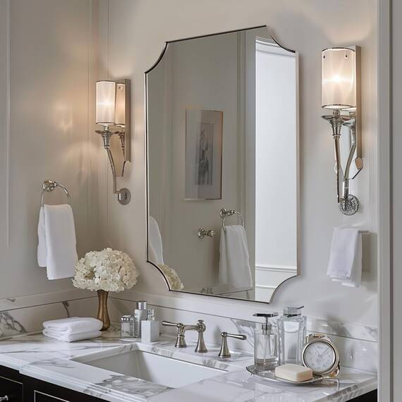 ANDY STAR Spiegel aus gebürstetem Nickel, 55,9 x 76,2 cm, gewellter Badezimmerspiegel, silberfarbener Badezimmerspiegel aus rostfreiem Edelstahl, dünner Rahmen, tiefer 2,5 cm, Wandspiegel (horizontal
