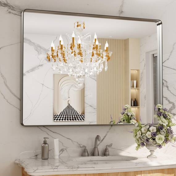 LOAAO Badezimmerspiegel mit den Maßen 121,9 x 91,4 cm, gebürstetes Nickel, abgerundet, rechteckig, silberfarbener Metallrahmen, rostfrei, bruchsicher, kann horizontal oder vertikal aufgehängt werden