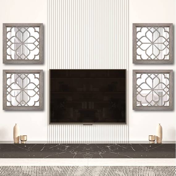 Wocred Set mit 4 quadratischen Spiegeln, wunderschöner, rustikaler Bauernhaus-Akzentspiegel, Scheunenholzfarbe, Schlafzimmer, Wohnzimmer und mehr (30.5x30.5 cm)