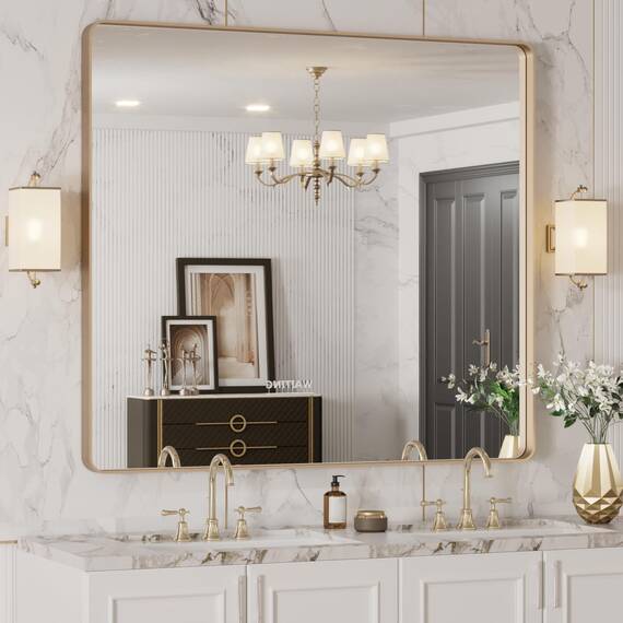 LOAAO Badezimmerspiegel, 101,6 x 91,4 cm, abgerundeter rechteckiger Goldrahmen, gebürstetes Gold, Badezimmer-Schminkspiegel, Wandmontage, rostfrei, gehärtetes Glas, horizontal oder vertikal aufgehängt