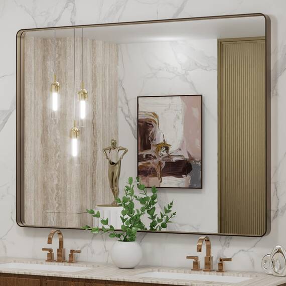 LOAAO Bronze-Badezimmerspiegel für Schminktisch mit den Maßen 121,9 x 91,4 cm, abgerundet, rechteckig, aus gebürsteter Bronze, Metallrahmen, rostfrei, gehärtetes Glas, kann horizontal oder vertikal