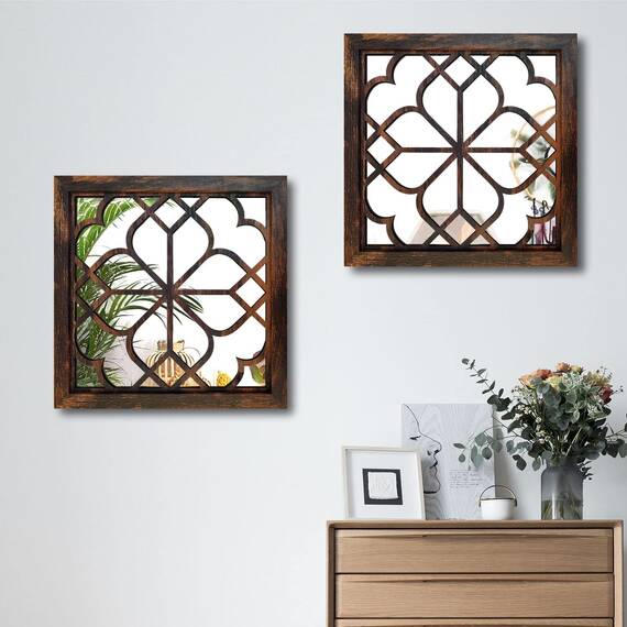 Wocred Quadratischer Wandspiegel, 50,8 cm, 2 Stück, wunderschöner, rustikaler Bauernhaus-Akzentspiegel, Karamellfarben, Eingangsspiegel für Badezimmer, Schlafzimmer, Wohnzimmer und mehr.