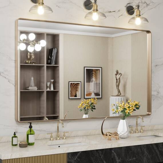 LOAAO Goldener Badezimmerspiegel mit den Maßen 152 x 91,4 cm, abgerundeter rechteckiger goldfarbener Rahmen, gebürsteter Gold-Badezimmerspiegel, Wandmontage, rostfreies gehärtetes Glas, kann