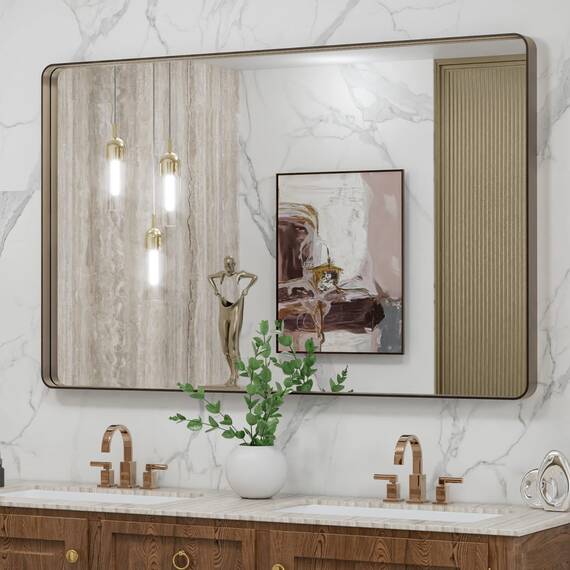 LOAAO Bronze-Badezimmerspiegel für Schminktisch mit den Maßen 121,9 x 76,2 cm, abgerundeter rechteckiger gebürsteter Bronze-Metallrahmen, rostfrei, gehärtetes Glas, kann horizontal oder vertikal