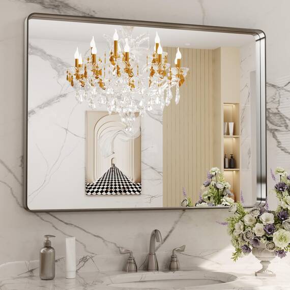 LOAAO Badezimmerspiegel mit den Maßen 102 x 61 cm aus gebürstetem Nickel, abgerundet, rechteckig, silberfarbener Metallrahmen, rostfrei, kann horizontal oder vertikal aufgehängt werden