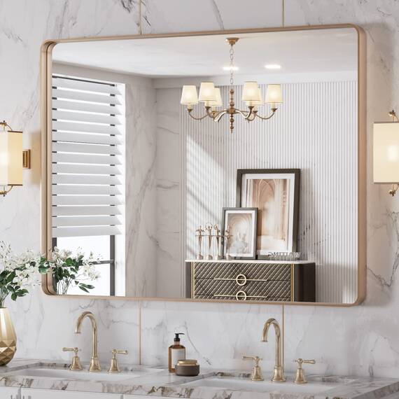 LOAAO Goldener Badezimmerspiegel mit den Maßen 102 x 76,2 cm, abgerundeter rechteckiger goldfarbener Rahmen, gebürsteter Gold-Badezimmerspiegel, Wandmontage, rostfreies gehärtetes Glas, kann