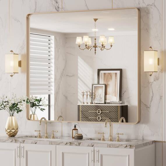 LOAAO Badezimmerspiegel, 101,6 x 91,4 cm, abgerundeter rechteckiger Goldrahmen, gebürstetes Gold, Badezimmer-Schminkspiegel, Wandmontage, rostfrei, gehärtetes Glas, horizontal oder vertikal aufgehängt