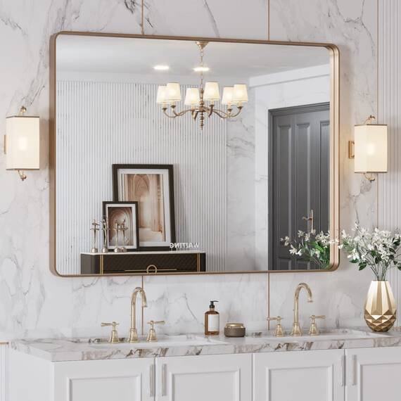 LOAAO Goldener Badezimmerspiegel mit den Maßen 102 x 76,2 cm, abgerundeter rechteckiger goldfarbener Rahmen, gebürsteter Gold-Badezimmerspiegel, Wandmontage, rostfreies gehärtetes Glas, kann