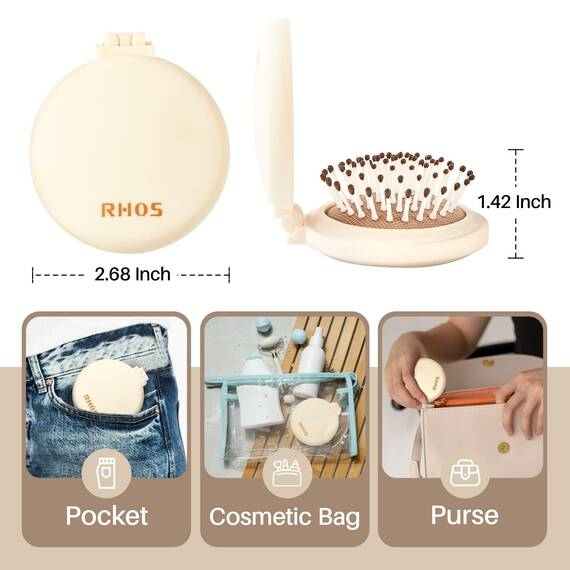 RHOS Kompakte faltbare Haarbürste mit Spiegel für Damen, Herren und Kinder, kleine Tasche und tragbare Reisebürste (Beige)