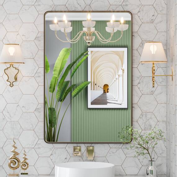 LOAAO 61 x 81 cm Bronze-Badezimmerspiegel für Schminktisch, abgerundet, rechteckig, gebürsteter Bronze-Metallrahmen, rostfrei, gehärtetes Glas, hängt horizontal oder vertikal