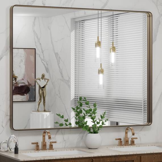 LOAAO Bronze-Badezimmerspiegel für Schminktisch mit den Maßen 121,9 x 91,4 cm, abgerundet, rechteckig, aus gebürsteter Bronze, Metallrahmen, rostfrei, gehärtetes Glas, kann horizontal oder vertikal