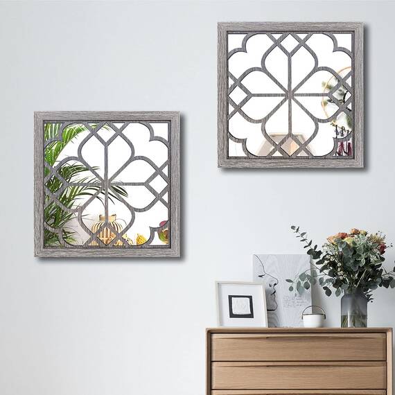 Wocred 2 Stück quadratische Wandspiegel, wunderschöner, rustikaler Bauernhaus-Akzentspiegel, Scheunenholzfarbe, Schlafzimmer, Wohnzimmer und mehr (50.8x50.8 cm)