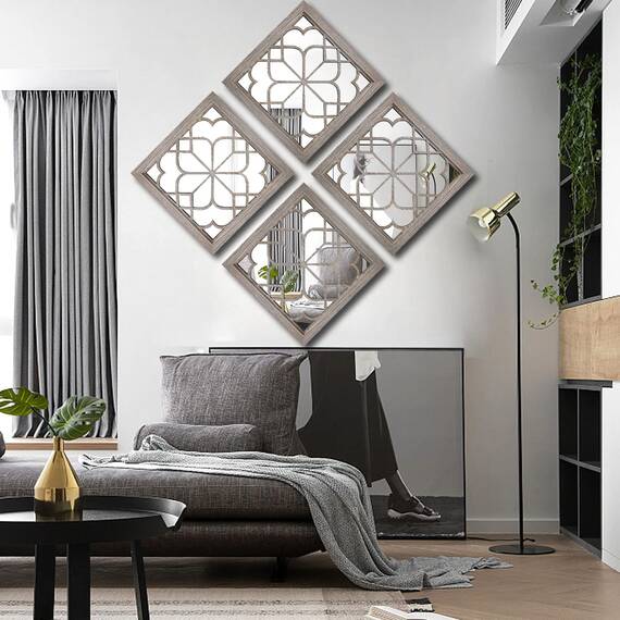 Wocred Set mit 4 quadratischen Spiegeln, wunderschöner, rustikaler Bauernhaus-Akzentspiegel, Scheunenholzfarbe, Schlafzimmer, Wohnzimmer und mehr (30.5x30.5 cm)