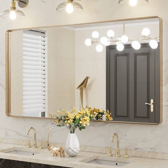 LOAAO Goldener Badezimmerspiegel mit den Maßen 140 x 76,2 cm, abgerundeter rechteckiger goldfarbener Rahmen, gebürsteter Gold-Badezimmerspiegel, Wandmontage, rostfreies gehärtetes Glas, kann