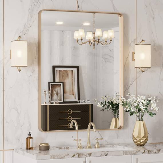 LOAAO Goldener Badezimmerspiegel mit den Maßen 51 x 76 cm, abgerundeter rechteckiger goldfarbener Rahmen, gebürsteter Gold-Badezimmerspiegel, Wandmontage, rostfrei, kann horizontal oder vertikal
