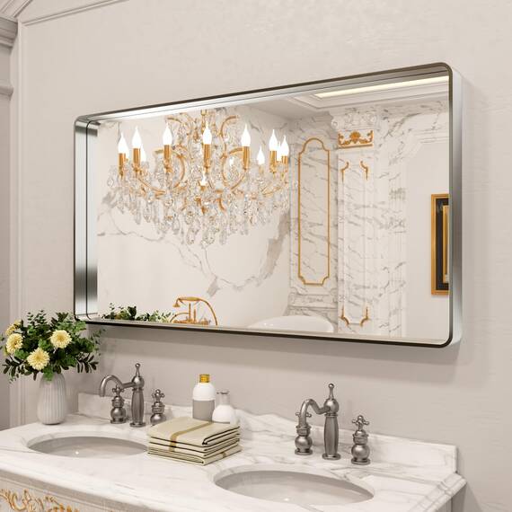 LOAAO Badezimmerspiegel mit den Maßen 140 x 76,2 cm, gebürstetes Nickel, abgerundet, rechteckig, silberfarbener Metallrahmen, gebürstetes Nickel, rostfrei, bruchsicher, kann horizontal oder vertikal