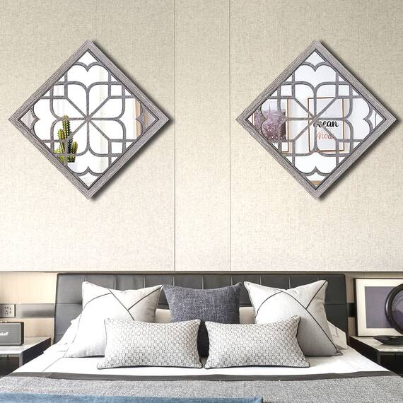 Wocred 2 Stück quadratische Wandspiegel, wunderschöner, rustikaler Bauernhaus-Akzentspiegel, Scheunenholzfarbe, Schlafzimmer, Wohnzimmer und mehr (50.8x50.8 cm)
