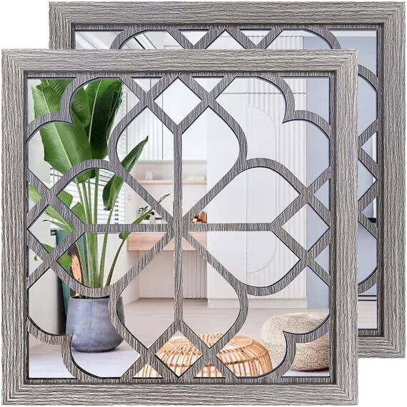 Wocred 2 Stück quadratische Wandspiegel, wunderschöner, rustikaler Bauernhaus-Akzentspiegel, Scheunenholzfarbe, Schlafzimmer, Wohnzimmer und mehr (50.8x50.8 cm)