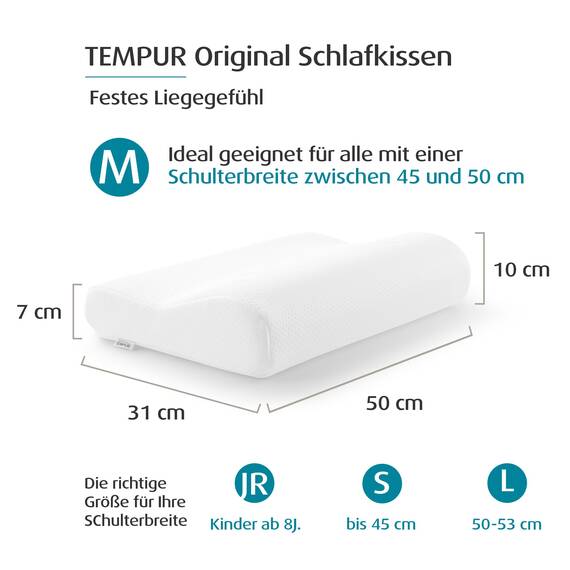 TEMPUR Original Schlafkissen Memory Foam, ergonomisches Nackenstützkissen für Seiten- und Rückenschläfer, Liegefühl fest, M (50 x 31 x 10/7 cm), Weiß