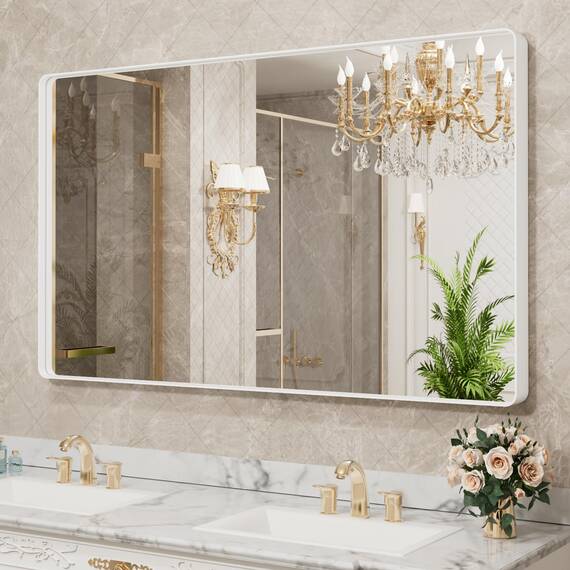 LOAAO Weißer Badezimmerspiegel mit den Maßen 140 x 102 cm, mit Metallrahmen für die Wand, Badezimmer-Schminkspiegel, Bauernhaus-Design, großer abgerundeter rechteckiger Spiegel, rostfrei, gehärtetes