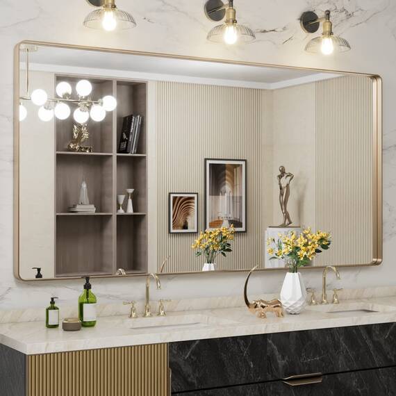 LOAAO Goldener Badezimmerspiegel mit den Maßen 183,9 x 91,4 cm, abgerundeter rechteckiger goldfarbener Rahmen, gebürsteter Gold-Badezimmerspiegel, Wandmontage, rostfreies gehärtetes Glas, kann
