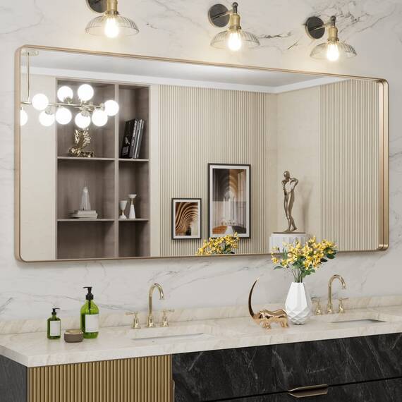 LOAAO Goldener Badezimmerspiegel mit den Maßen 183 x 81 cm, abgerundeter rechteckiger goldfarbener Rahmen, gebürsteter Gold-Badezimmerspiegel, Wandmontage, rostfreies gehärtetes Glas, kann horizontal