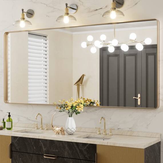 LOAAO Goldener Badezimmerspiegel mit den Maßen 183 x 81 cm, abgerundeter rechteckiger goldfarbener Rahmen, gebürsteter Gold-Badezimmerspiegel, Wandmontage, rostfreies gehärtetes Glas, kann horizontal