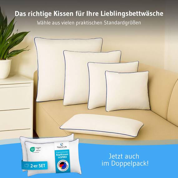 Kopfkissen 40x60 inSPIRO, Premium Kissen von Schlafexperten entwickelt, Ergonomisches Schlafkissen für Seitenschläfer, Rückenschläfer, Bauchschläfer, Ideales HWS Nackenstützkissen, Pillow made in EU